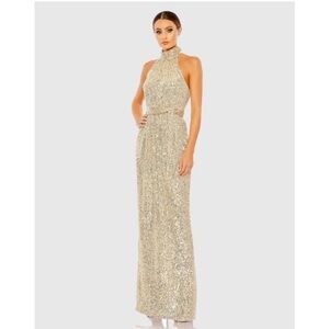 NWT Ieena for Mac Duggal Sequin Halter Neck Column Gown with Tie Belt - size 0